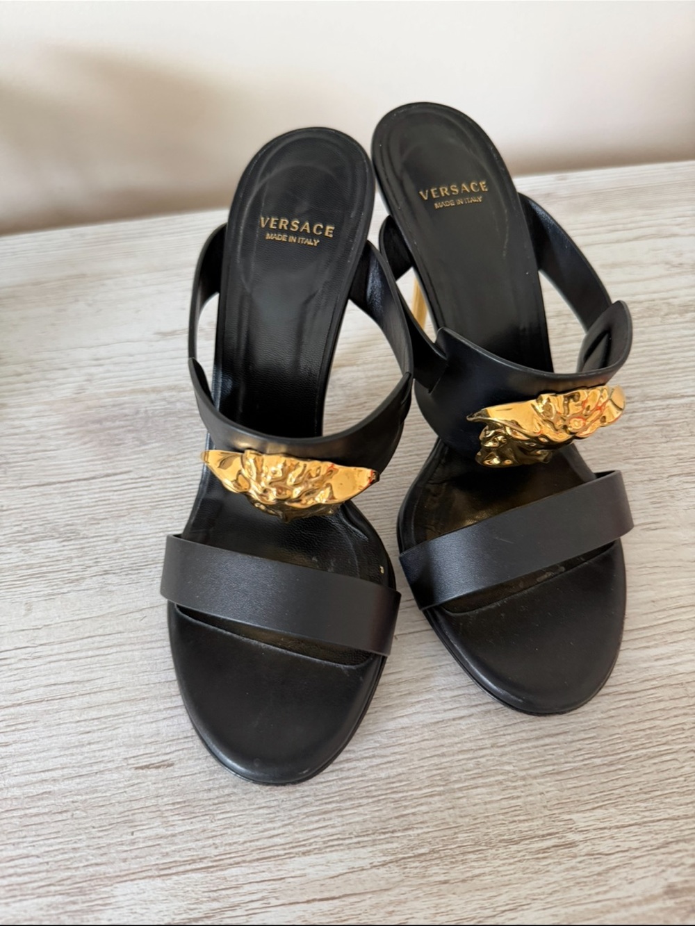 BUY NOW Classic Versace Black Leather Heeled Slides with Gold medallion